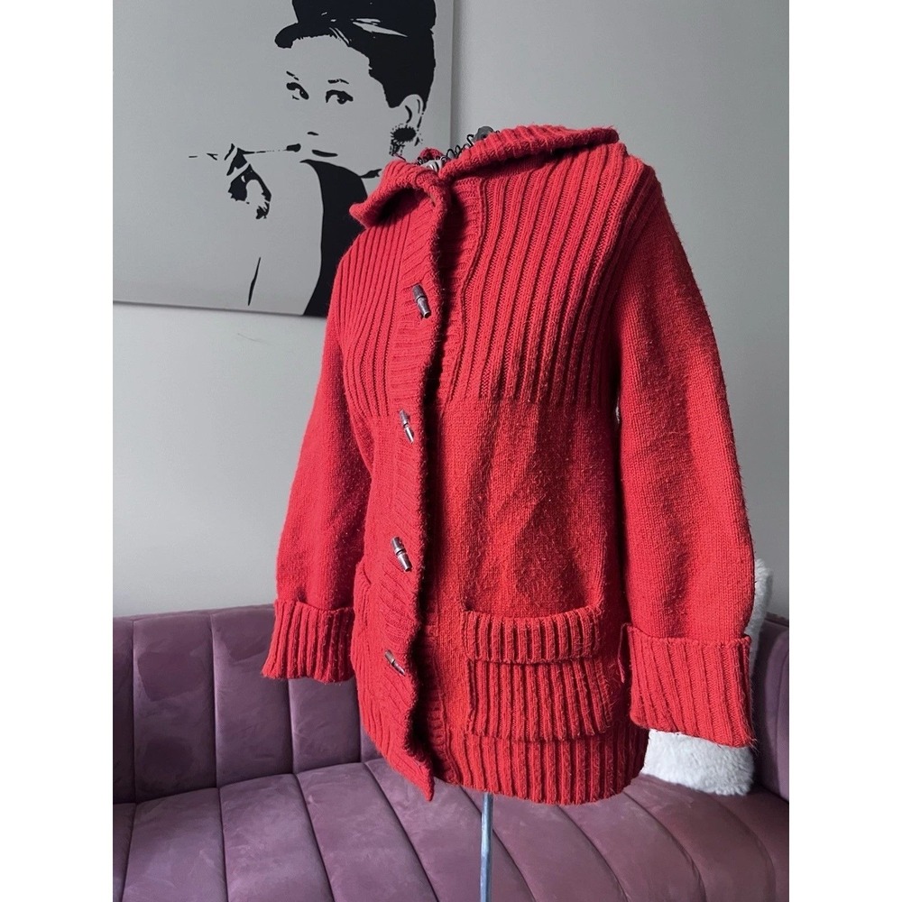 Sidney Gould Vintage‎ Red Knit Hooded Toggle Cardigan Sweater Duffle Nordic M L